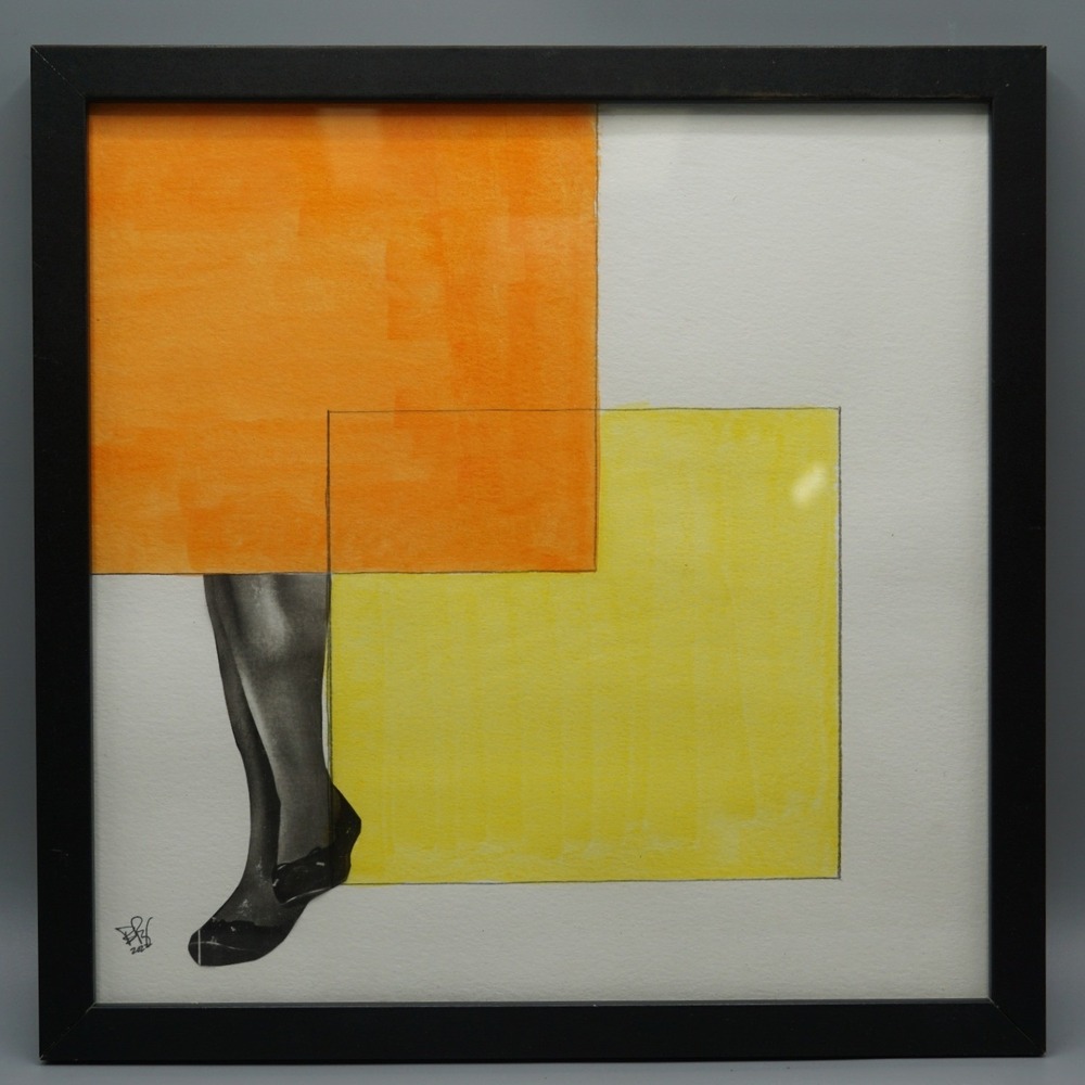 Original Signed 2022 Mixed Media Geometric Collage Fashion Leg Framed 11x11